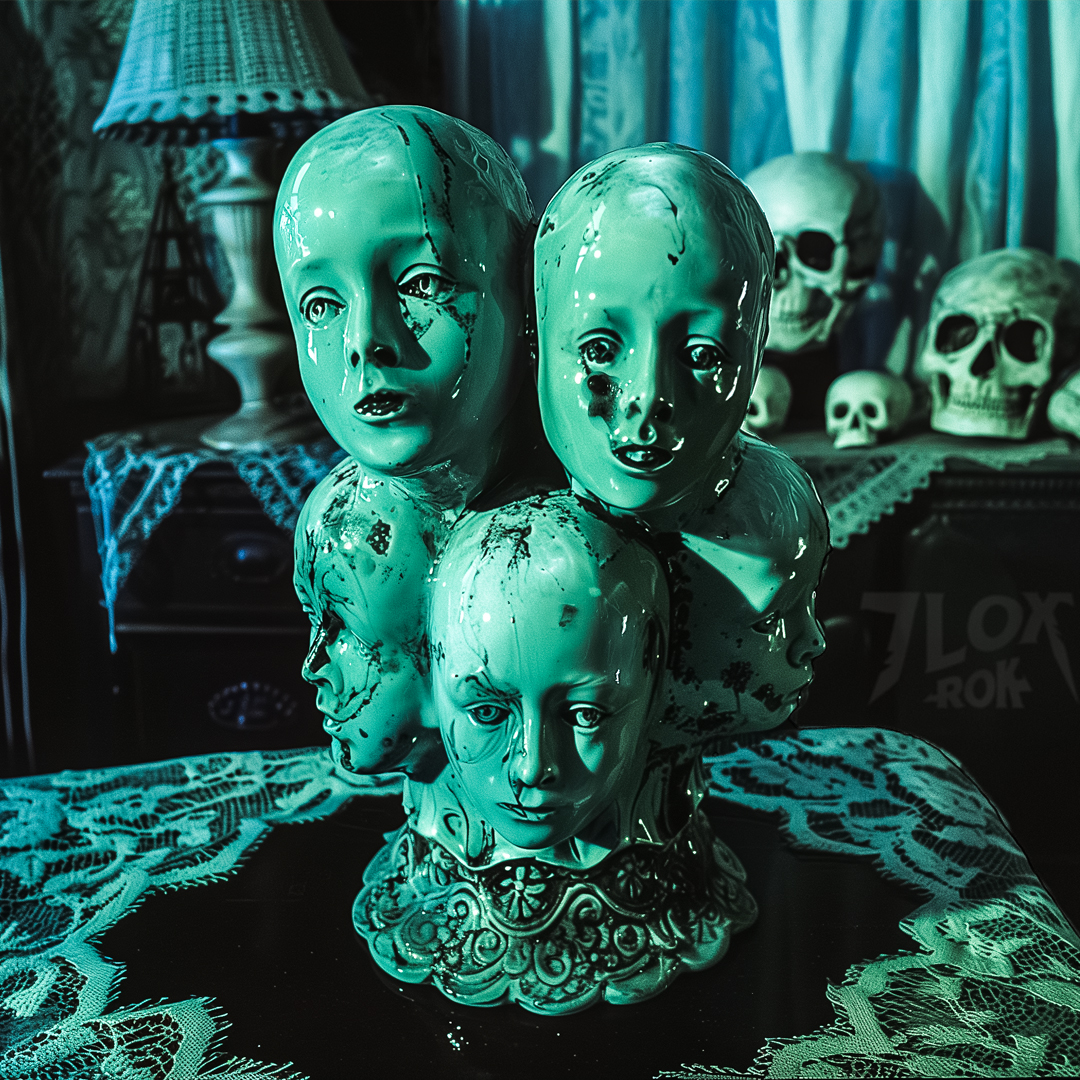Louise's  latest creation: featuring multiple porcelain doll heads fused together,  each painted in a pallid green hue. We hope you like it.
#7LoxRok #creepy #devilrock #gothic #HorrorArt #HorrorFamily #weird