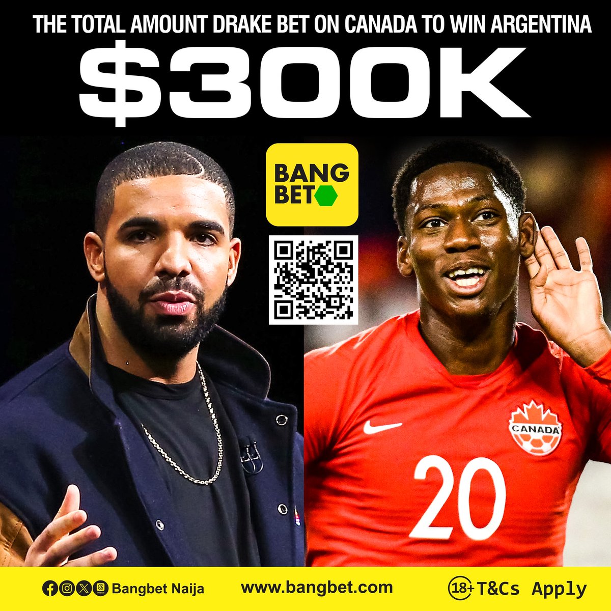 BangbetNaija's tweet photo. 🔔 Update Update!🔔  
Drake has placed a $300,000 bet on Canada to beat Argentina in the Copa America semifinal. 😁💰 #CopaAmerica #DrakeBet #BangBet

You can also bet your '300K' on Canada or Argentina on our website @ https://t.co/b8jFxyg0F9 https://t.co/I0YQdcOugN