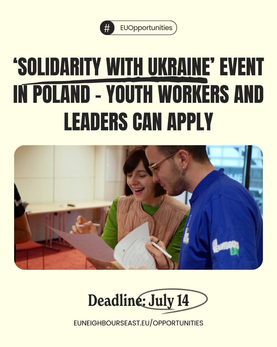 euneighbours's tweet image. Join us for the 'Solidarity with Ukraine' event in Lublin, Poland, on 10-13 Sept! 🌍✨ Youth workers from Erasmus+ and ESC countries will unite to support Ukrainian youth amid the crisis. Apply by 14 July! ➡️ bit.ly/3xF5hXT
#EUOpportunities