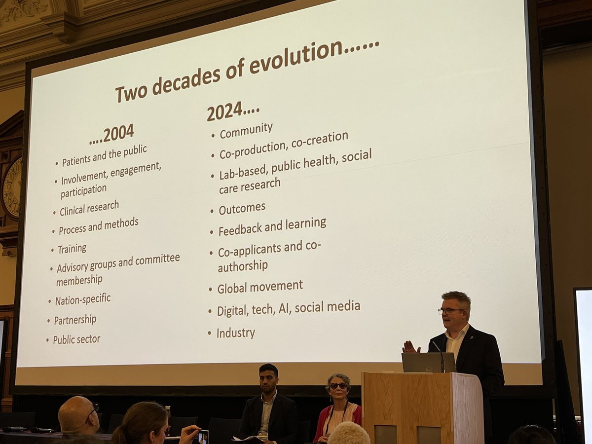 Public and community involvement over time. @SDenegri begins this fantastic plenary which shows how integrated public involvement now is in health research. But are we getting it right? Are we funding it properly? Is our behaviour sustainable? #HSRUK24