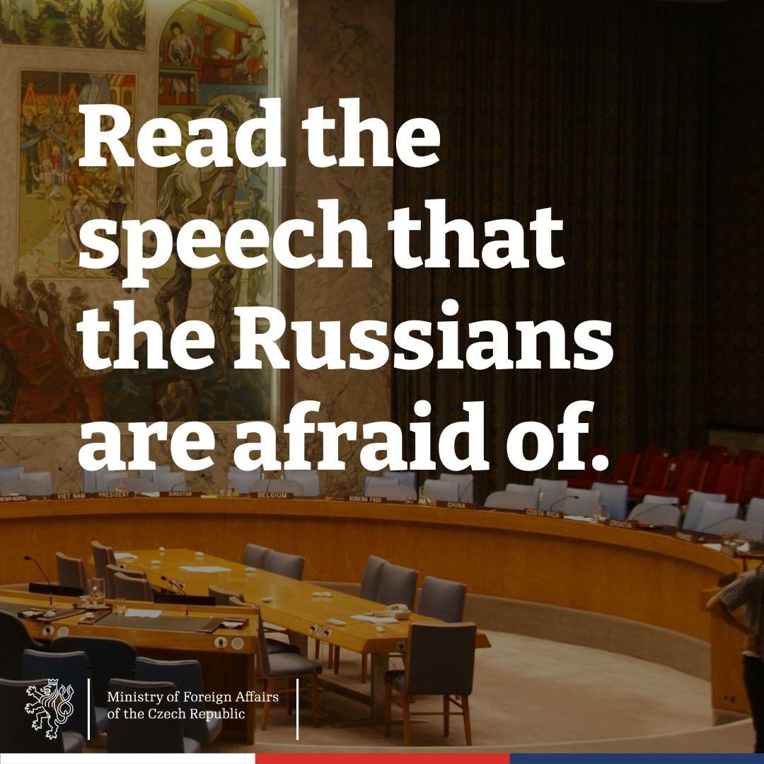 CzechMFA's tweet photo. ❗️Russia did not allow Czechia to speak at the UN Security Council. They are afraid of criticism and our vocal positions.

We gave the speech to their ambassador in Prague.

What did we want to say? Link to the speech here. 👉 https://t.co/aH6T5gztJv https://t.co/24B937WwU1