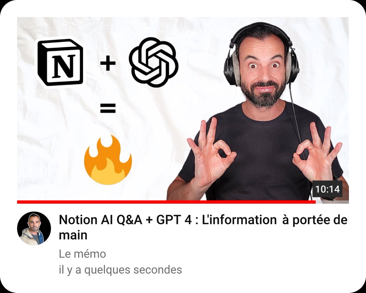 Notion intègre GPT 4 dans son module IA.
On pourra donc utiliser ChatGPT sans quitter Notion.

La fonctionnalité est directement intégrée au chat Q&amp;A.

Tout le détail dans la vidéo du jour 
youtu.be/l5AXsMQ0S0g