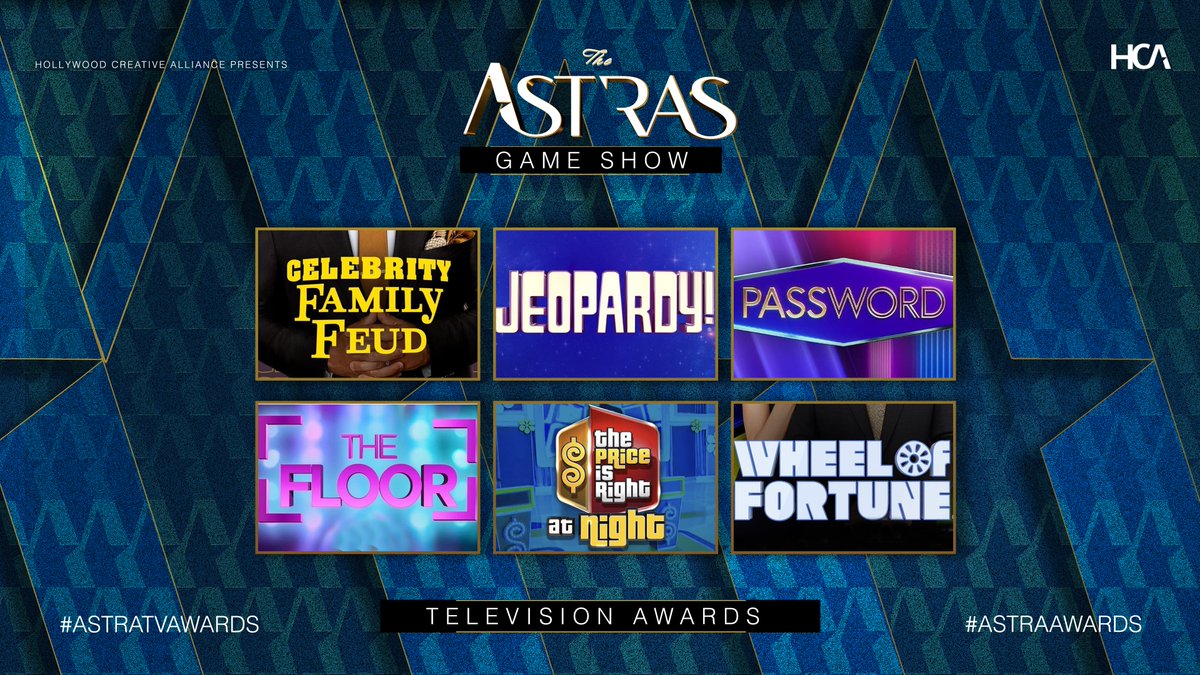 TheAstraAwards's tweet photo. The nominees for Best Game Show are: 

Celebrity Family Feud 
Jeopardy 
Password 
The Floor
The Price is Right at Night 
Wheel of Fortune 

#AstraAwards #AstraTVAwards #BestGameShow #TheFloor #CelebrityFamilyFeud #Jeopardy #Password #ThePriceIsRightAtNight #WheelofFortune https://t.co/P7bBGb6MIf