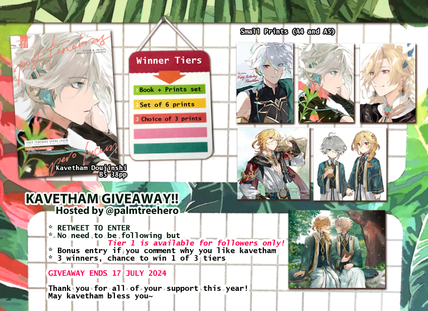 🏛🌱カヴェアル KAVETHAM GIVEAWAY

プレゼント用意しました！
本投稿をRTで応募、7月17日 24時締切
フォローしなくても、参加していいですよ

当選のチャンス
同人誌 B5 Size 38pp
※Choice of ENG or JP version（英語と日本語版から選択可能）
イラストプリント x6

よろしくおねがいします！