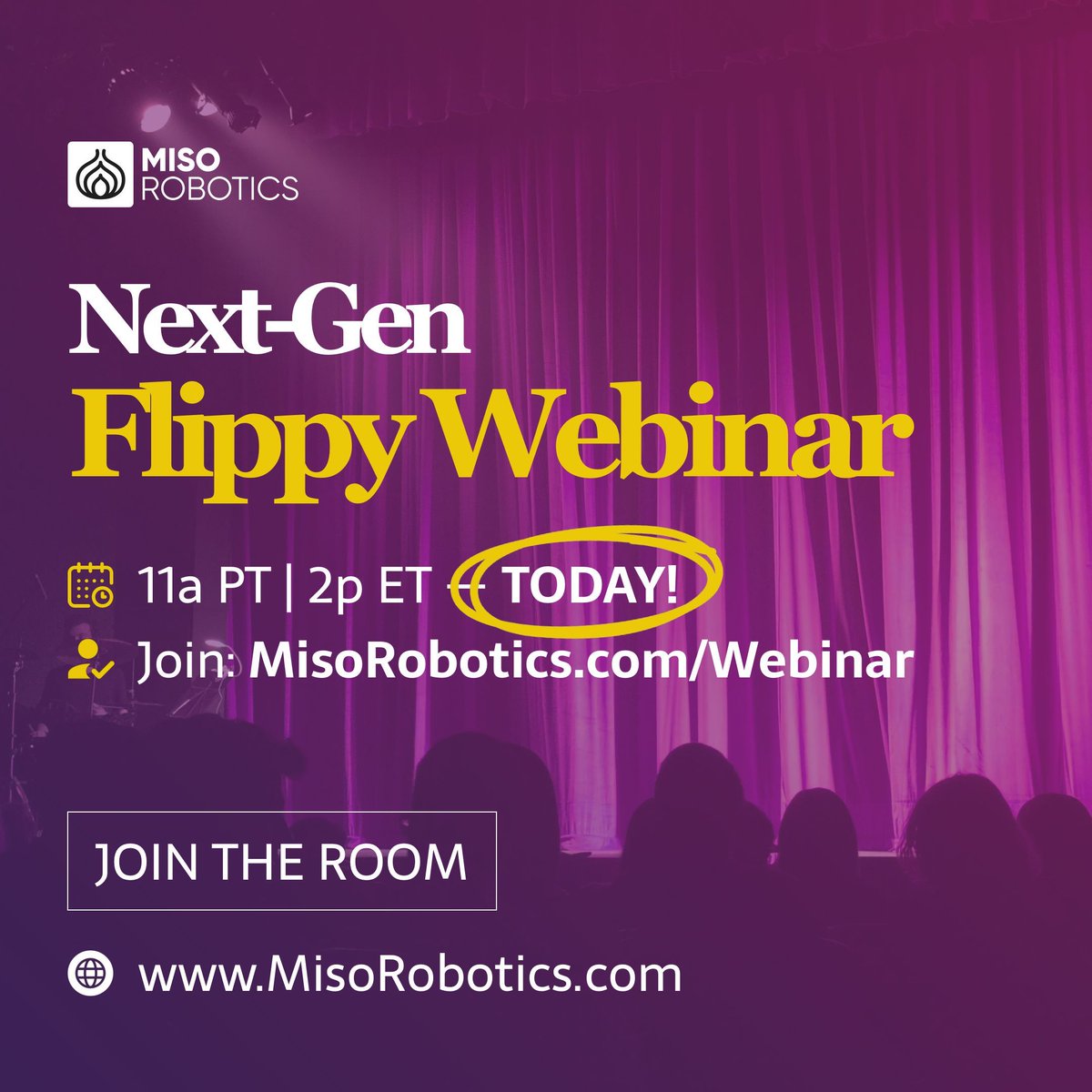 misorobotics's tweet photo. ⏰ Today’s the day! Join our live AMA with Miso’s new CEO &amp; CTO at 2 PM EST (11 AM PST). Get a sneak peek at the next-gen Flippy robot and ask your questions. Don’t miss out!

👉 Join here: https://t.co/LLM0RkFYts

#MisoRobotics #Flippy #Webinar https://t.co/XsjcwgzF3L
