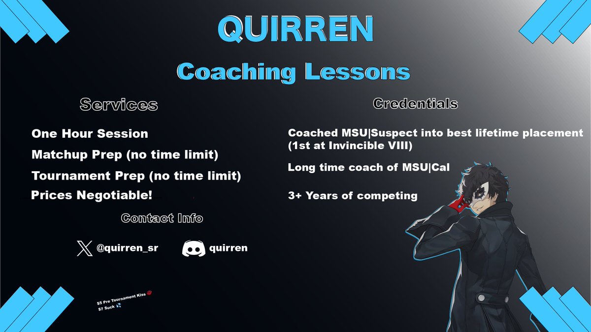 quirren_sr's tweet photo. Hello everyone! I have been coaching my friends behind the scenes for a while now, and I have been enjoying it quite a lot. I want to potentially help more people reach their goals as well! I want this to be as accessible as possible, so all the prices are negotiable. https://t.co/1tZesP4Ry6