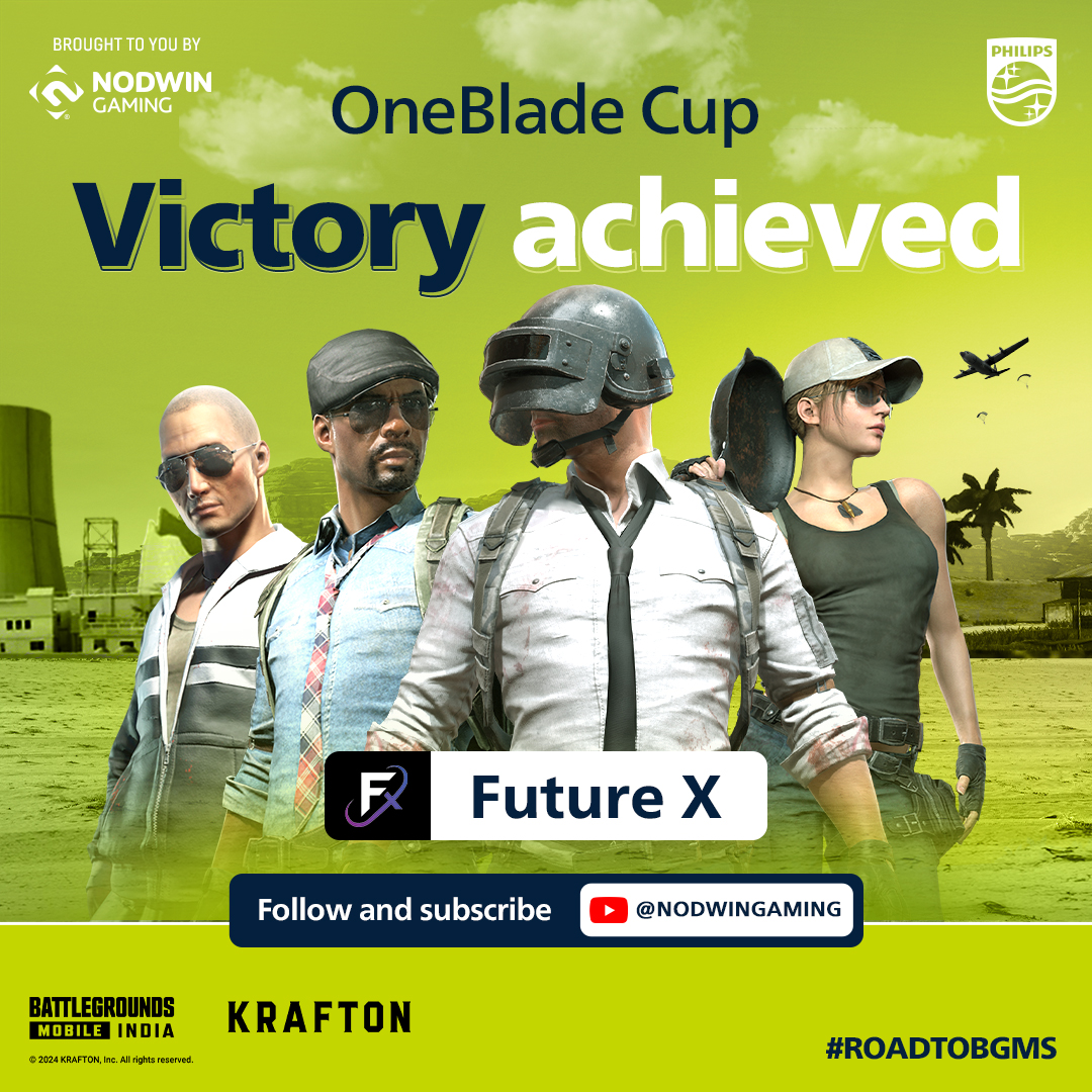 NodwinGaming's tweet photo. Victory achieved at the Philips OneBlade Cup Final Day! Congratulations, Team Future X ๐
The dust settles, the champions rise! โจWitness their journey in BGMS Season 3.๐ฅ
#RoadToBGMS
#NODWINGaming #MoveFearlessly #BattlegroundsMobileIndia #BGMS24ย #BGMSS3ย #BGMS https://t.co/JZG8UwTb2B