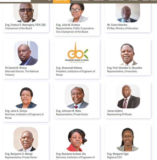 Bossyator's tweet photo. This is the EBK Board led by Chairperson Eng' Erastus Mwongera.

Engineers (530) article 7(q), mandates EBK with facilitating the internship for Graduate Engineers but what is happening right now is completely the opposite. Young Engineers have been left to fight for themselves, knocking every door and kissing any passing frog as they try to secure internship slots while those at EBK seem to be only interested in Subscription & CPDs monies which sometimes they also charge exorbitant amounts.

Even those who secure internship slots from EBK end up earn peanuts incentives as low as 25,000 per month, (that's less than what masons earn) and we want to pretend that everything is okay?.. NO, we cannot watch helplessly as they continue with this IMPUNITY!.

The next #OccupyCBK will massive, make sure you come ata kama hauna fare tutapaste raundi hii. You have the Power to bring the much needed CHANGE!