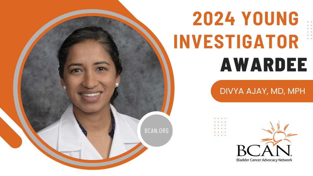 Bladder Cancer Advocacy Network (@bladdercancerus) on Twitter photo Please join us in congratulating Divya Ajay, MD, MPH (<a href="/divyaajay_uro/">Divya Ajay MD MPH</a>) for her BCAN 2024 Patient-Centered Clinical Research Young Investigator Award. You can learn more about the award and Dr. Ajay's research here: bcan.org/young-investig…. Please join us in congratulating Divya Ajay, MD, MPH (<a href="/divyaajay_uro/">Divya Ajay MD MPH</a>) for her BCAN 2024 Patient-Centered Clinical Research Young Investigator Award. You can learn more about the award and Dr. Ajay's research here: bcan.org/young-investig….