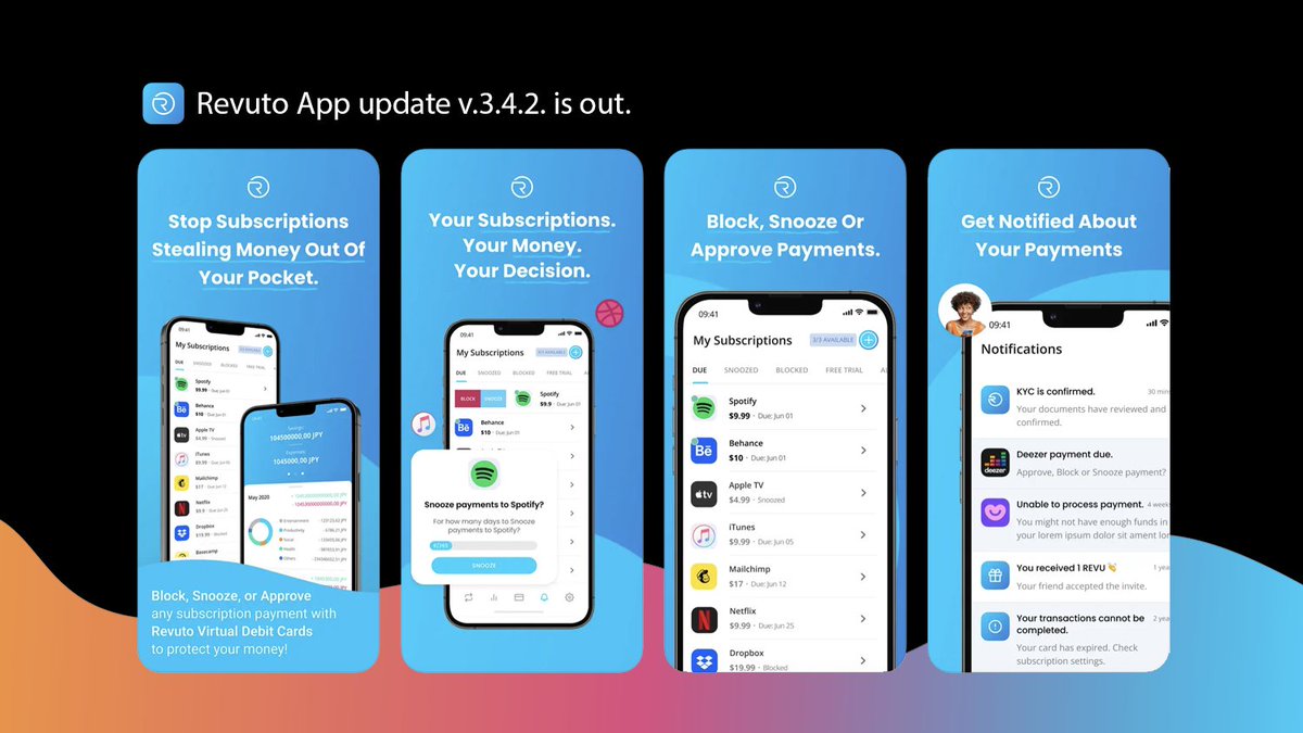 get_revuto's tweet photo. Dear #Revutonians, the latest #Revuto mobile app update, v. 3.4.2. is available for download. It may take up to 24 hours for some stores in specific countries to propagate, so be patient. The update brings minor bug fixes and UI improvements, with a list of bigger changes outlined below.
UI Enhancements:
• The "Create a Voucher" box is now blue
• Main Navigation shows banner count and auto-changes every 3 seconds
• Reorganized AW Earn navigation: moved "Create a Voucher"
• Staking Center: replaced "More Info" with a standard info button
• Voucher Code input separates digits into groups of four
Notification Center:
• Fixed issue with notifications not opening if the app was quit
Modals and Loading Improvements:
• Switched to design-based confirmation modals
• Fixed initial loading issue for subscriptions and statistics
• Reintroduction of forcing the latest app update with a new "Terms Of Use" acceptance (Linkcy/Paynovate) for the Mastercard debit card program for the EEA and UK users.
Analytics
• Corrected EUR and USD calculation errors in Analytic Expenses
>>> Schedule for the upcoming months <<<
The next major app update is v. 3.5, which brings token swaps on the non-custodial wallet (+ the first R token integration), a completely new KYC verification status overview with the upgrade flow, and an option to unlock Revuto Pro from the app. The update is expected to launch in late July or early August. The release will be backed by marketing push and announcements.
*** E-vouchers are being tested at two locations as we speak and are scheduled to go out at 200 terminals across Spain in mid-August (aiming at August 16th).
🔥 v.4.0, a major update supporting debit cards, is scheduled for September, when we plan a big marketing push. In the meantime, we'll make v4 available for Beta testing.
Thank you for staying with us; the big bang (💣) is coming in Q4!