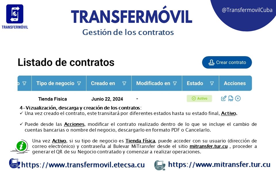 ¿Qué ventajas 👍 ofrece la nueva 😍 página de contratación de <a href="/TransfermovilS/">Transfermóvil Cuba</a> 📲 de <a href="/ETECSA_Cuba/">ETECSA</a> para los actores económicos?
☑️Automatiza todo el proceso de contratación
☑️Página más intuitiva
☑️Realiza las notificaciones vía sms del proceso  #PorLaTransformaciónDigital