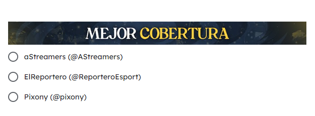 AStreamers's tweet photo. 🎉 ESTAMOS NOMINADOS 🎉

Podéis votarnos a mejor cobertura de @SomosLaTormenta tanto a @ReporteroEsport, @pixony como a nosotros por #0Días y #LastHitNexo.

Votéis a quien votéis todo queda en familia. 🥰

¡Que gane el mejor! ⬇️⬇️⬇️