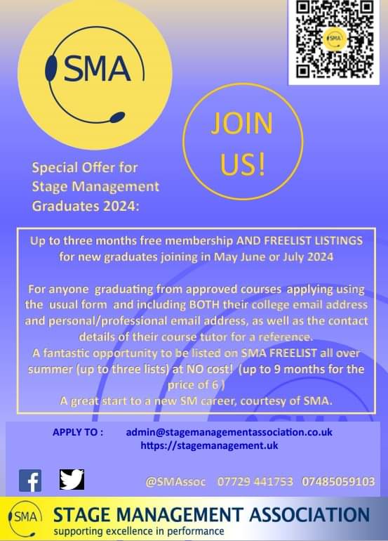 The <a href="/SMAssoc/">Stage Mgt Association</a> are running the following offer for graduates of approved SMA courses! Class of 2024 take note 😁🎓