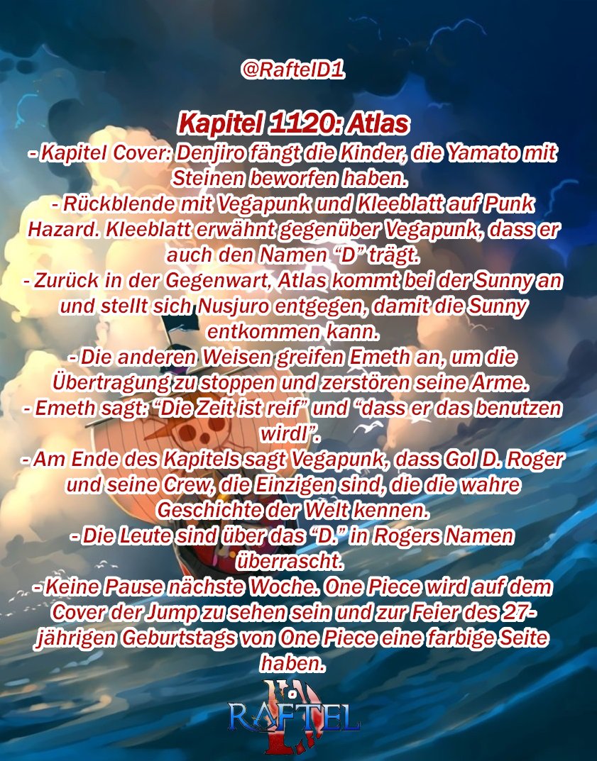 RaftelD1's tweet photo. Erste Spoiler zu Kapitel 1120
#onepiece #ONEPIECE #onepiecenews #onepiecenewsgermany #opspoilers #onepiecechapter #onepiece1120 #ONEPIECE1120 https://t.co/XJKjFIiLvg
