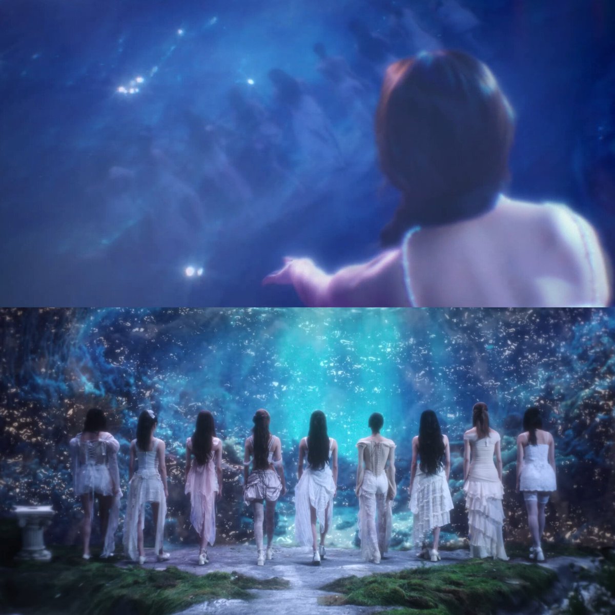 pinkot9's tweet photo. The reflection Jihyo sees on the water surface is 9WICE from the MV trailer https://t.co/dr1Ikr2kjk