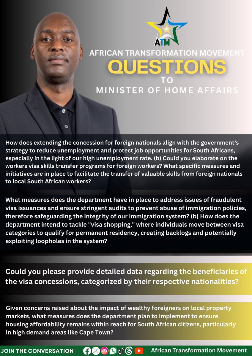 ATMovement_SA's tweet photo. [READ]

ATM President @ZungulaVuyo submitted 4  questions to the Minister of @HomeAffairsSA @Leon_Schreib regarding the Extension of Temporary Concession for Foreign Nationals.

#ATMInParliament https://t.co/W0X6m6mU46
