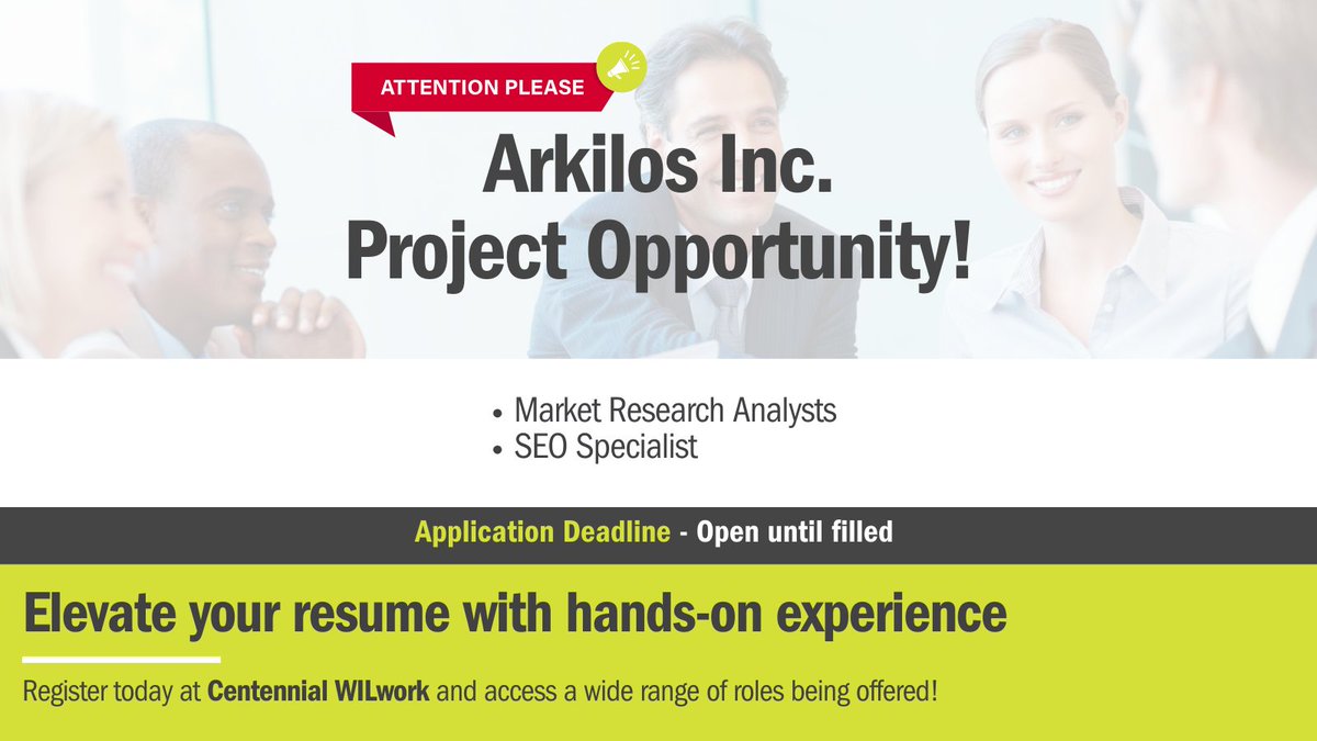 Exciting Project opportunities at Marketing Tourism Worldwide Canada and Arkilos Inc.! Centennial College students, don't miss out on gaining experience and expanding your network. 

Register: bit.ly/3Xo38Kl 

#CentennialWILwork