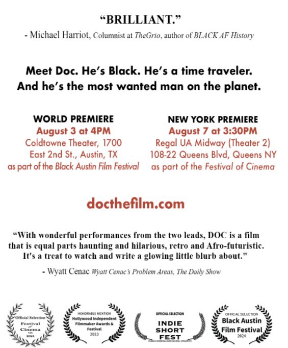 tarikrdavis's tweet photo. Hey, y’all!!!

Some short film news!!!

Excited to share DOC on the big screen in August! 
8/3 in Austin, TX @ColdTowne 
8/7 in Queens, NYC @FestofCinemaNYC 
https://t.co/17ff0UPfVX https://t.co/CVXbkmUzq7