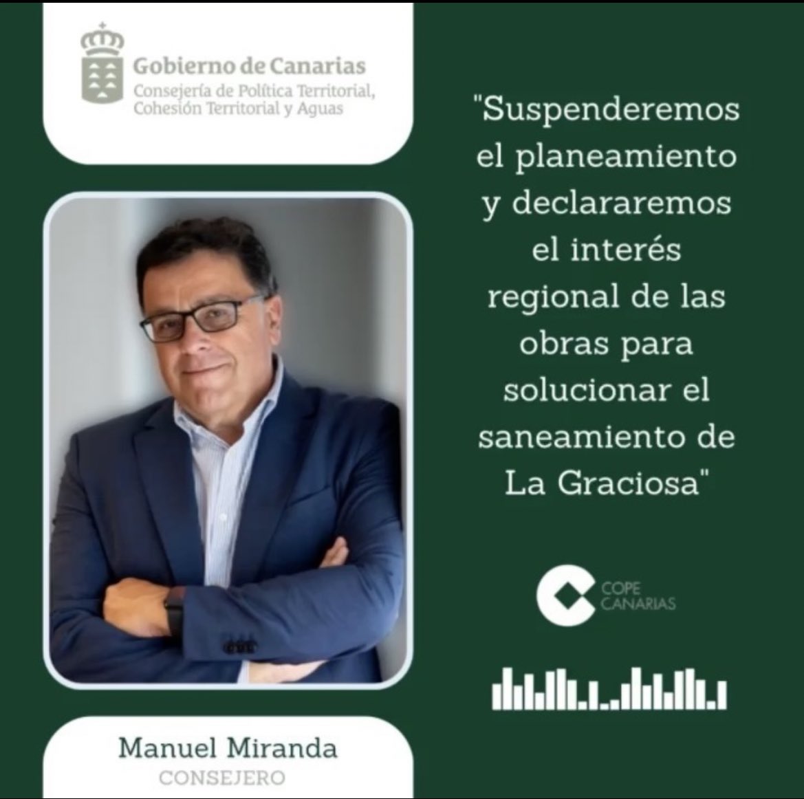 El consejero de <a href="/territoriocan_/">Política Territorial, Cohesión Territorial y Aguas</a> , Manuel Miranda🇮🇨, estuvo esta mañana en <a href="/CopeCanarias/">COPE Canarias</a> 🎙️ con <a href="/MayerTrujillo/">Mayer Trujillo</a> ✅ para hablar del problema que existe en La Graciosa con la depuración y el saneamiento de aguas💧

📻 Escucha la entrevista completa

instagram.com/reel/C9NRuH7Ij…