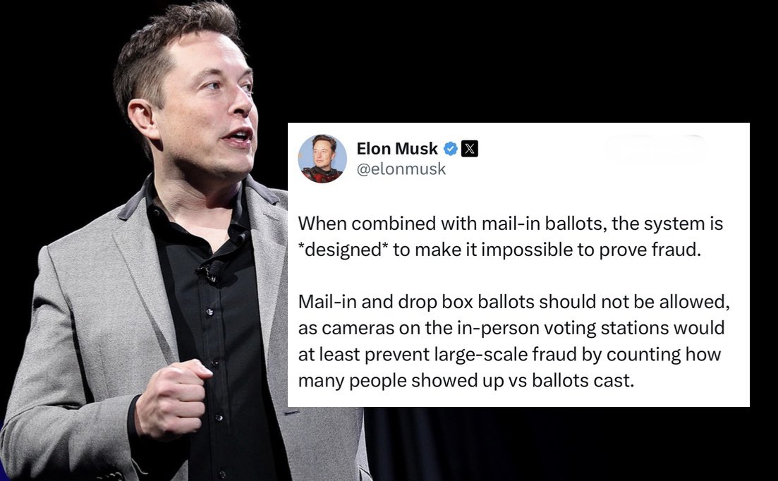 LeadingReport's tweet photo. BREAKING: Elon Musk calls for mail-in and drop-box ballots to be banned in the US. https://t.co/MZUvoxsoeS