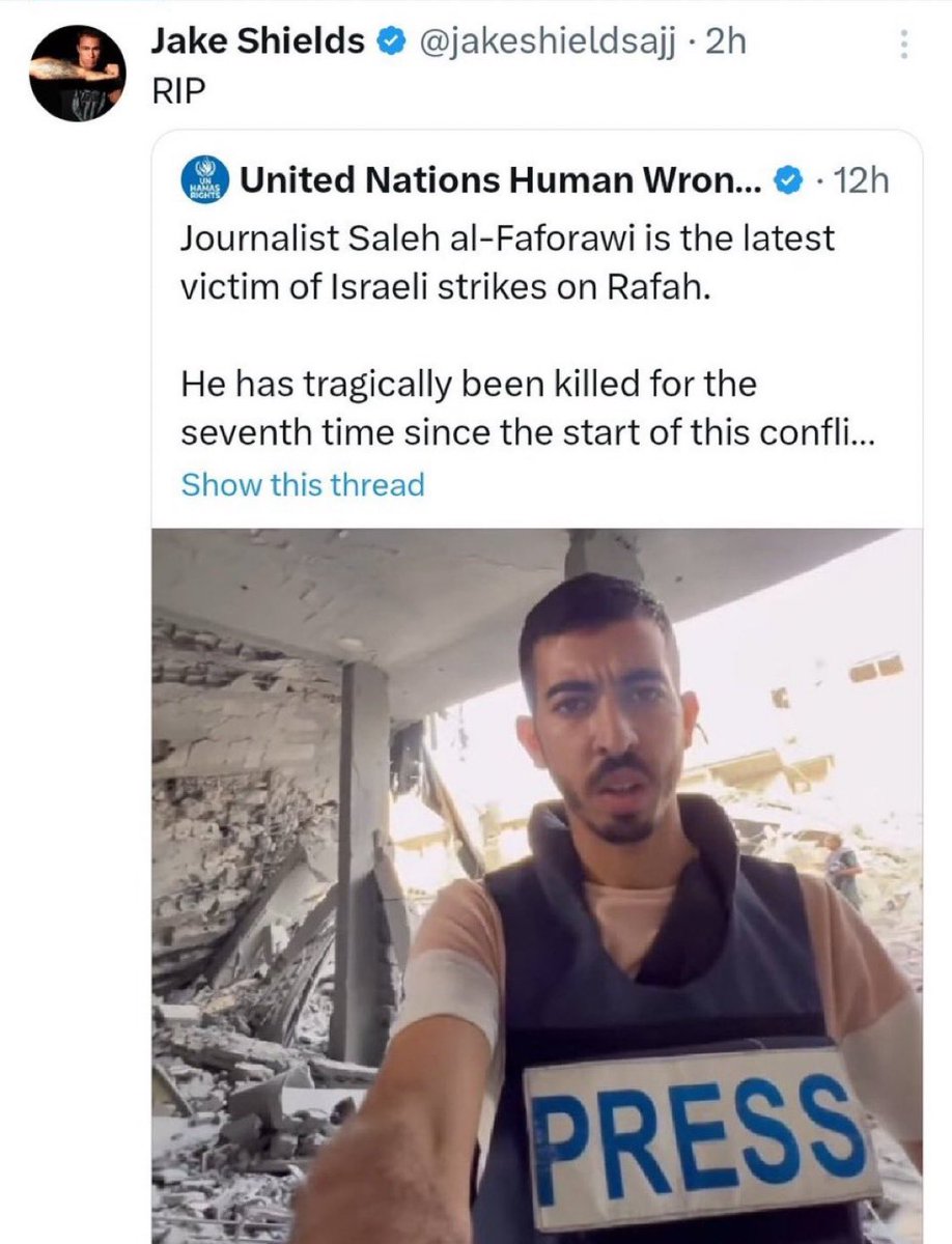 Jake Shields deleted this post. Please share this post where Jake Shields confuses a parody account posting about the well-known Pallywood actor Mr. FAFO, for a real journalist.