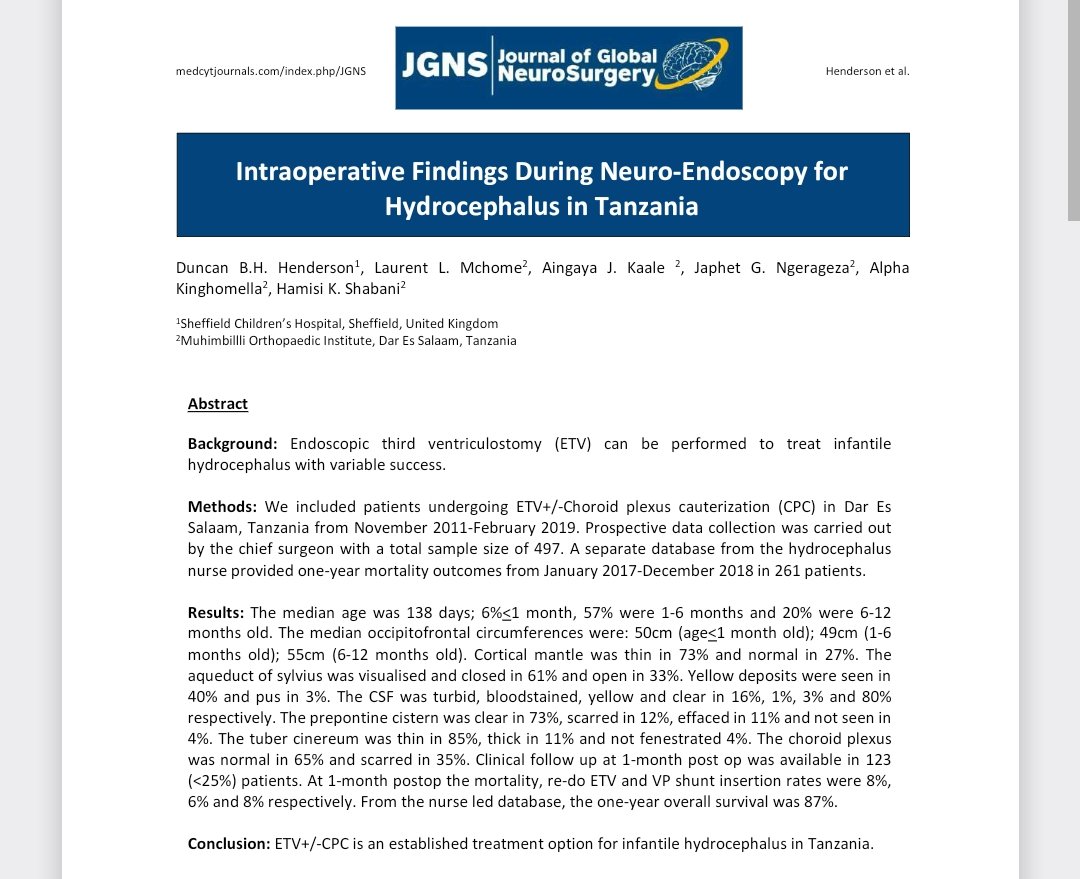 #Just_Published
Rôle of Endoscopy for infantile hydrocephalus in a typical African setting in 758 Cases. 
Details here in: medcytjournals.com/index.php/JGNS…

<a href="/keepark/">Kee Park</a> <a href="/rubianoam/">Andrés M. Rubiano</a> <a href="/MeganEHStill/">Megan Still, MD</a> <a href="/daniperezchadid/">Daniela Perez Chadid</a> <a href="/ignatiusesene/">Ignatius Esene MD,M.Sc, PhD, MPH.</a>