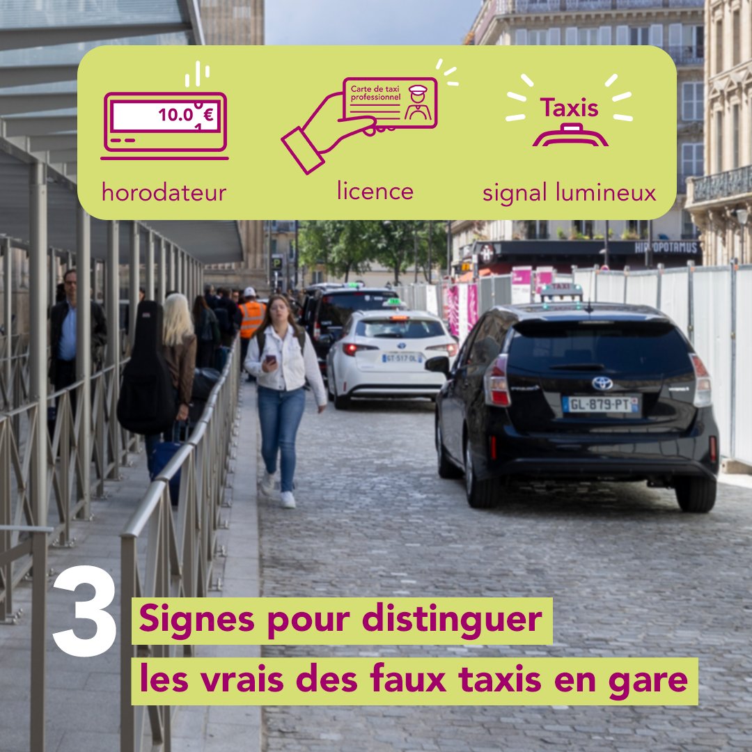 ConnectGares's tweet photo. 🚖 Cet été, assurez vous de prendre un taxi en toute sécurité en gare en suivant nos conseils pour différencier les vrais des faux 🚕 : 
1️⃣ Carte professionnelle visible;
2️⃣ Horodateur en marche;
3️⃣ Signal lumineux sur le toit;
4️⃣ Stations de taxis officielles. https://t.co/TubTuSMPLJ