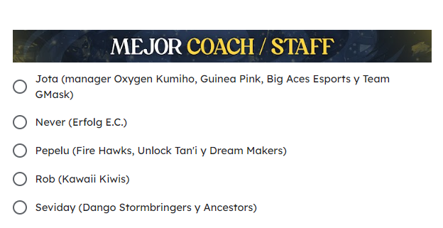 He sido nominado a Mejor Staff por mi trabajo en DSB (<a href="/Dango_eSports/">Dango Esports</a> + @StormBringersX ) y por ACR (@AncestorsG )

Si consideráis que me lo merezco id a votarme, si creéis que se lo merece otra persona id tambien, que hay que apoyar estas iniciativas

Se agradece rt y votos 🫡