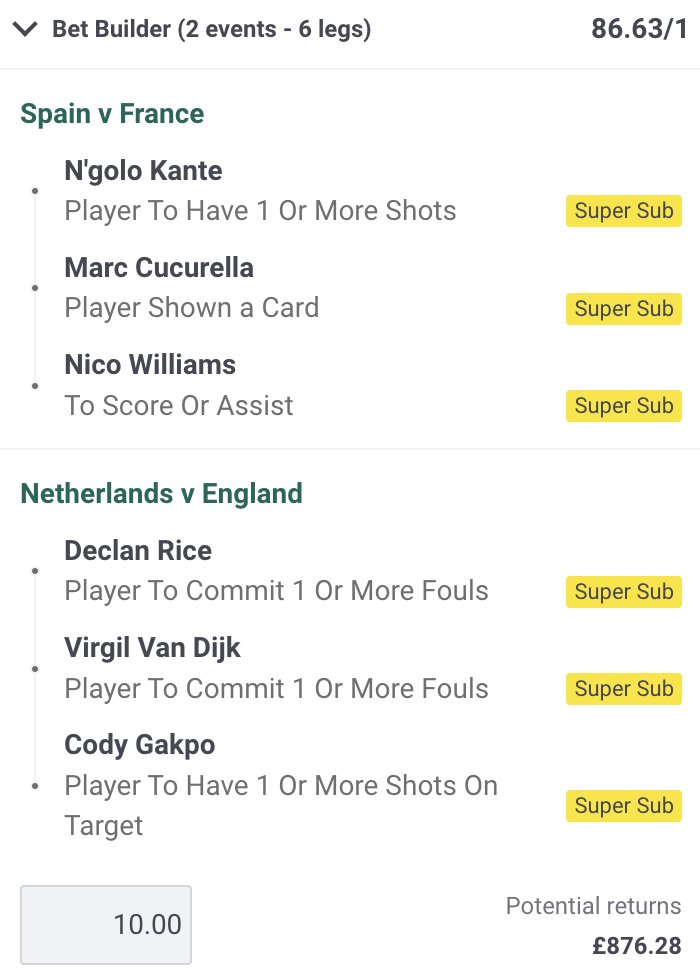 🚨 WE HAVE A HUGE COMPETITION 🚨

We've picked out a 86/1 Cross-match Bet Builder we like the look of for the #EURO2024 Semi-finals! 😍

If our Cross-match Bet Builder lands, we'll give £876 in CASH to ONE person! 💰

To enter ⤵️
🔁 Retweet this tweet
✅ Follow - <a href="/FootySuperTips/">Free Super Tips</a>