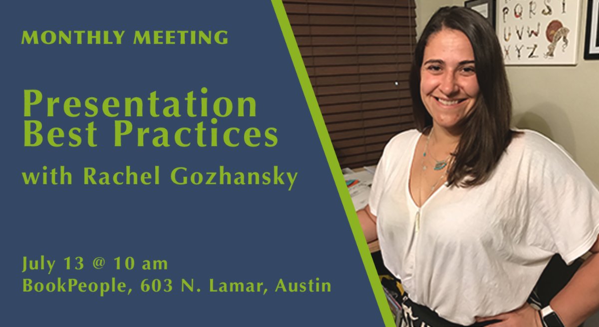 We're back this weekend with another free monthly meeting! Join us at @BookPeople to hear <a href="/rachelgozhansky/">Rachel Gozhansky</a>'s presentation best practices! scbwi.org/events/monthly…