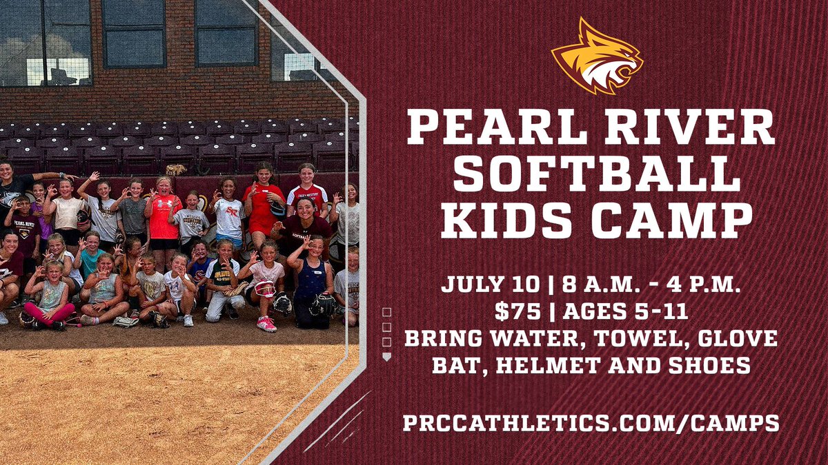 PRCC Athletics (@prccathletics) on Twitter photo 🥎It is not too late to sign up for the <a href="/PearlRiverSB/">Pearl River Softball</a> Kids Camp! The Camp will take place tomorrow from 8 a.m. to 4 p.m. at Wildcat Stadium.
Parents can sign their little Wildcats up at PRCCAthletics.com/camps
🐾#RRR 🥎It is not too late to sign up for the <a href="/PearlRiverSB/">Pearl River Softball</a> Kids Camp! The Camp will take place tomorrow from 8 a.m. to 4 p.m. at Wildcat Stadium.
Parents can sign their little Wildcats up at PRCCAthletics.com/camps
🐾#RRR