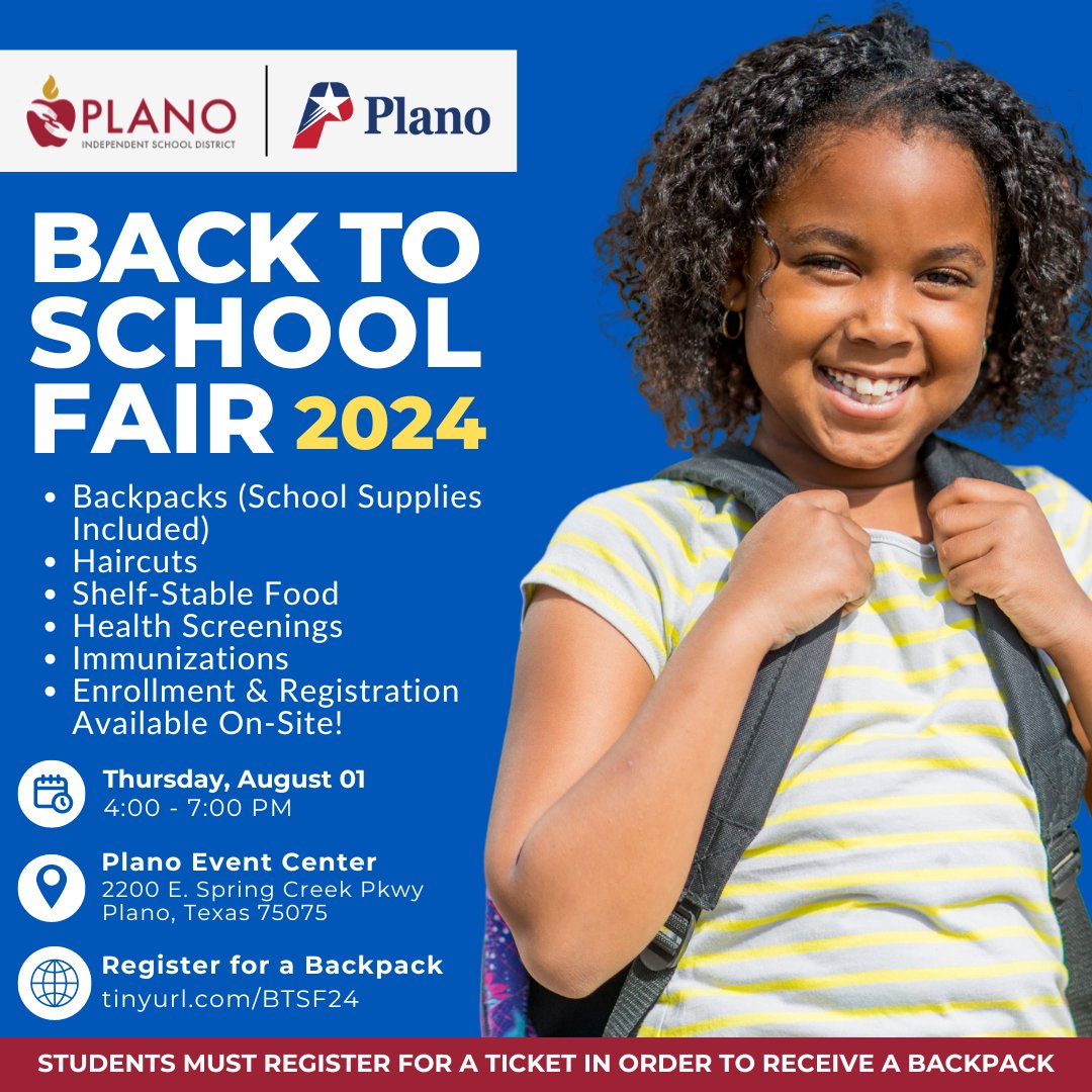 🎒𝗚𝗲𝘁 𝗥𝗲𝗮𝗱𝘆 𝗳𝗼𝗿 𝘁𝗵𝗲 𝟮𝟬𝟮𝟰 𝗕𝗮𝗰𝗸 𝘁𝗼 𝗦𝗰𝗵𝗼𝗼𝗹 𝗙𝗮𝗶𝗿!📚

Plano ISD and <a href="/cityofplanotx/">City of Plano</a> are teaming up to provide resources, services and info you need for the new year!
📅Aug. 1
🕓4-7 p.m.
📍Plano Event Center
🔗pisd.edu/BackToSchoolFa…
#LevelUpPlanoISD