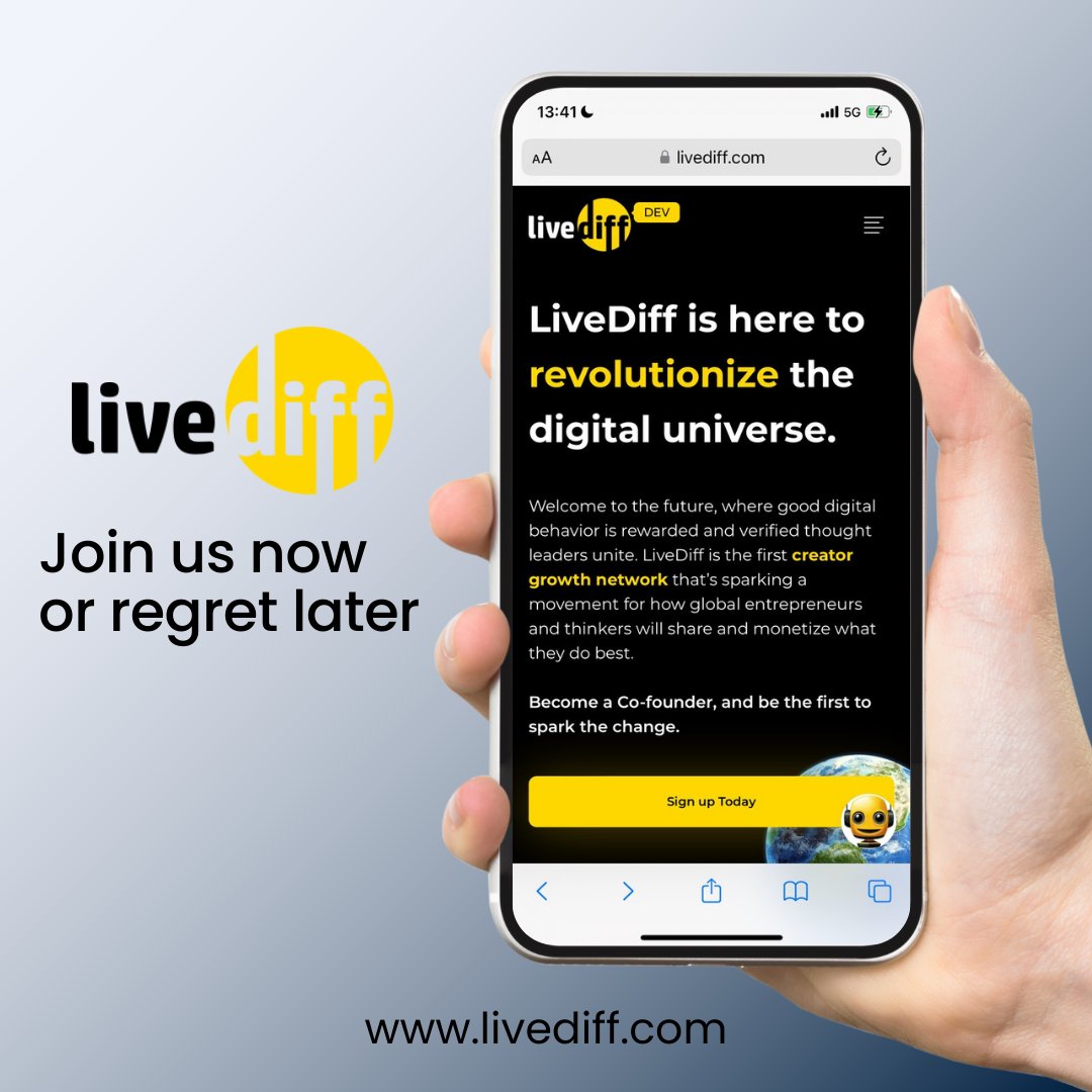 🌟 Ready to be part of the digital revolution? 🌟
Join LiveDiff today! 👉 Visit livediff.com and sign up now!

#LiveDiff #DigitalRevolution #Innovation #JoinNow #GrowthNetwork #BeTheChange