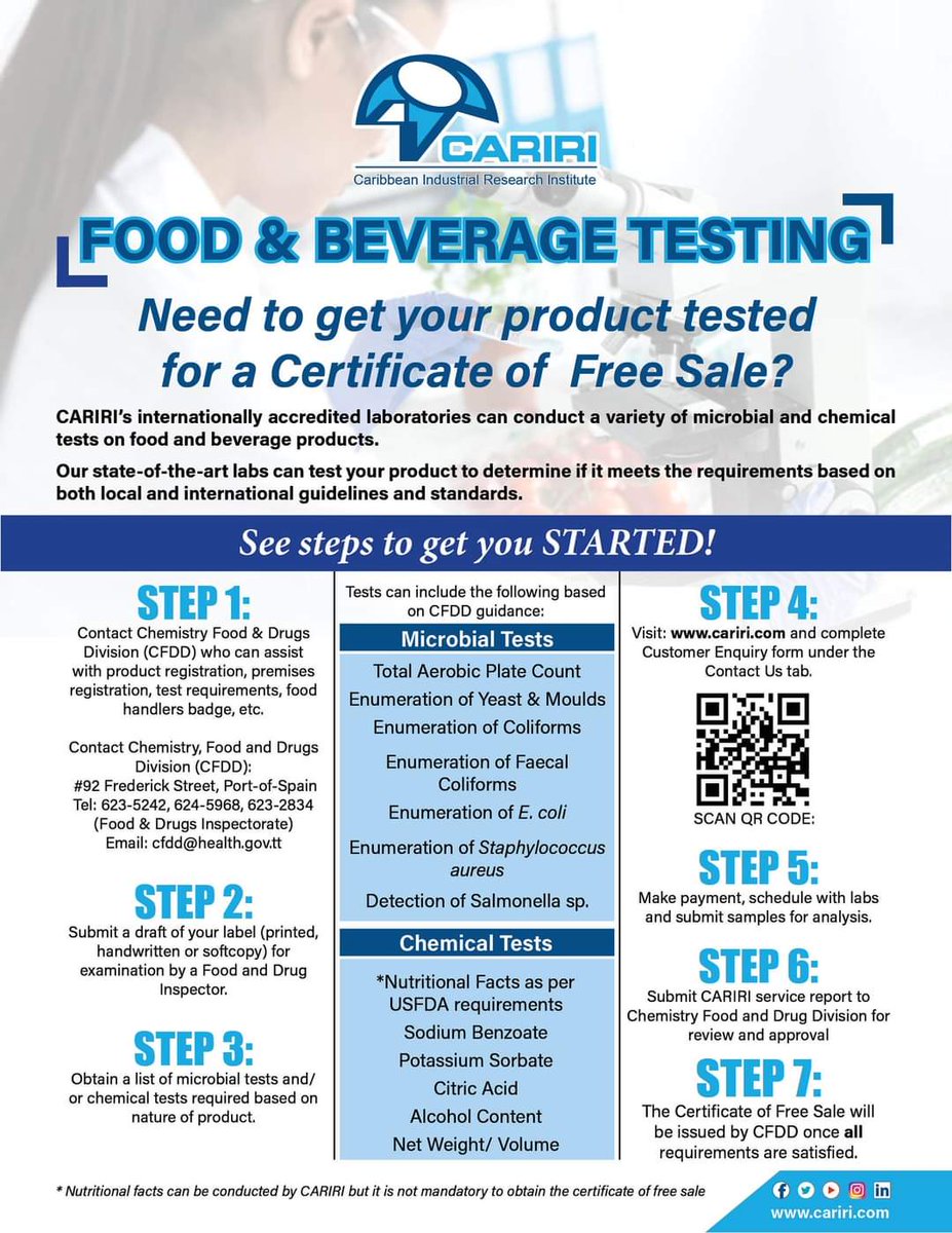 cariri_tt's tweet image. 📣 Attention Food &amp;amp; Beverage Producers! 🍽️

Need to get your product tested for a Certificate of Free Sale?

Look no further!

CARIRI’s internationally accredited laboratories are here to help! 

Follow these simple steps to get started.

#FoodTesting #BeverageTesting #CARIRI