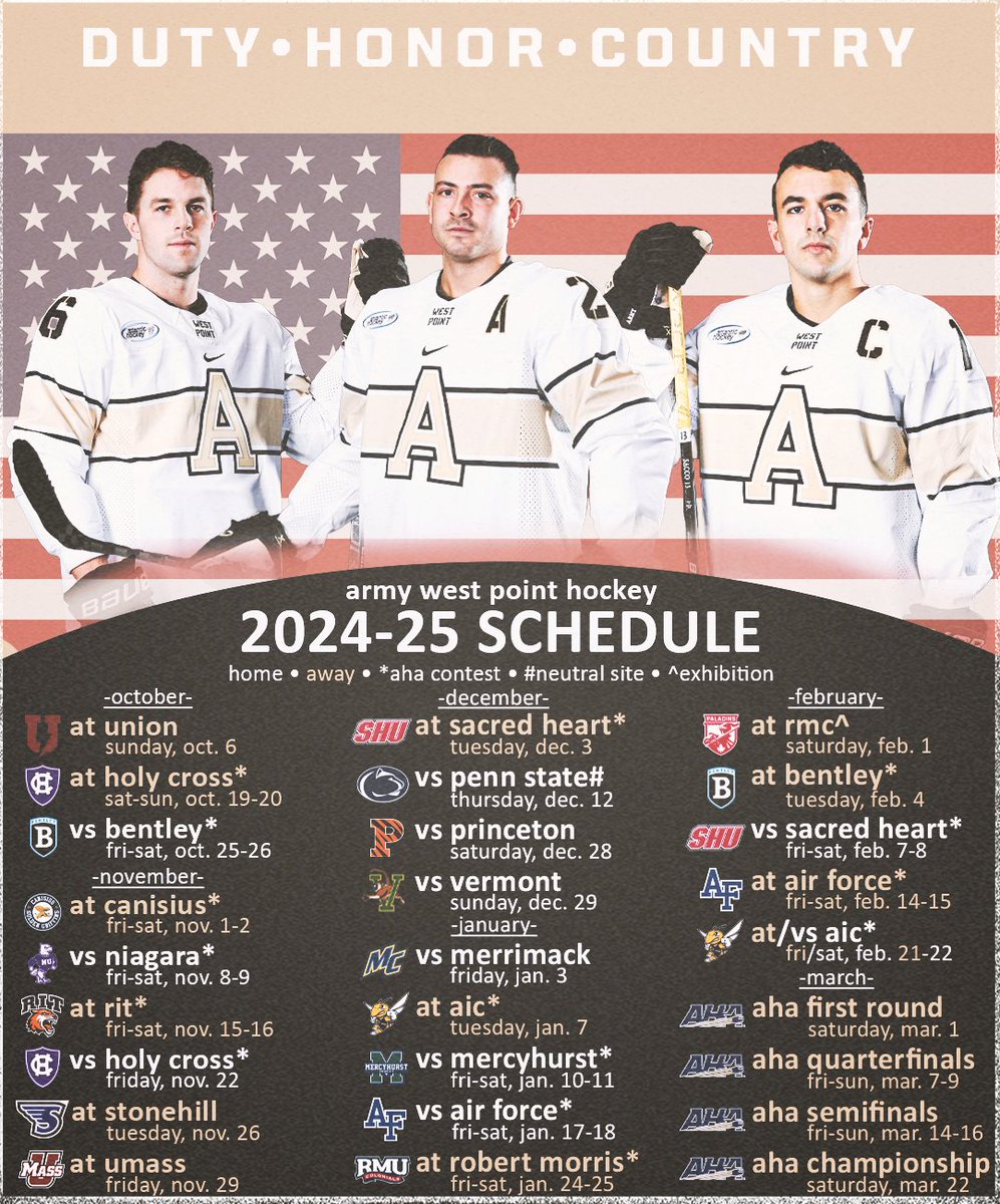 Getting closer each day...A look at our full 2024-25 schedule! 🗓️🏒

🔗 goarmywestpoint.com/news/2024/7/9/…

#GoArmy
