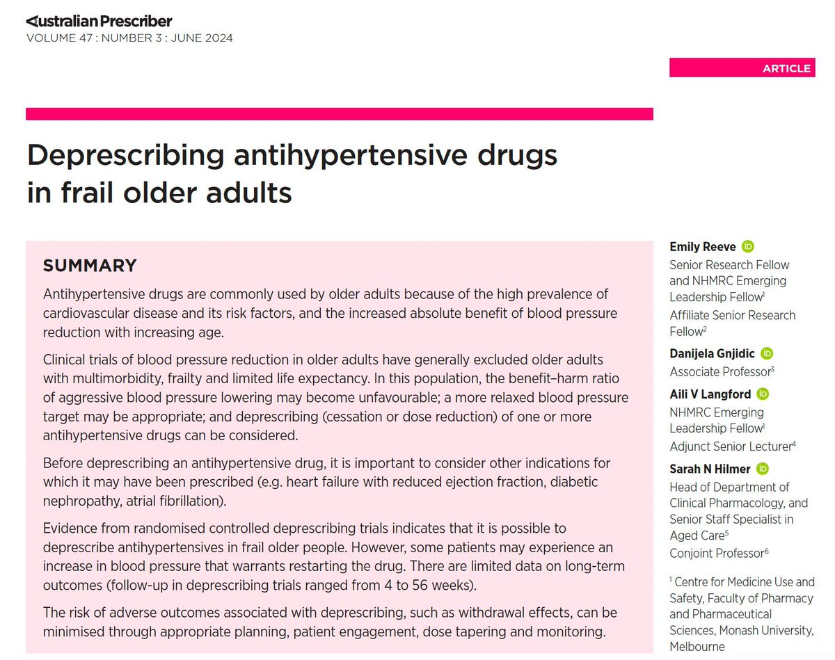 deprescribing's tweet photo. Ever consider #deprescribing #antihypertensive drugs in older adults?

Explore the evidence, benefits, and risks of #deprescribing these drugs in this helpful article from the @AustPrescriber 📖 

https://t.co/aiWwfiPKup 

@Reeve_Research 
@DanijelaGnjidic 
@AiliLangford https://t.co/S7kuAZyrIO