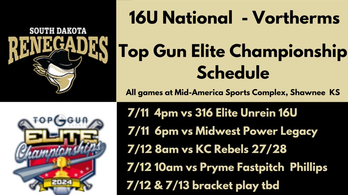SD Renegades 16u National Vortherms (@sdrenegades16u) on Twitter photo South Dakota Renegades 16U National - Vortherms at the "Top Gun Elite Championship" this week. Check out our schedule below. Follow us on Game Changer!! <a href="/SDRFastpitch/">South Dakota Renegades Fastpitch Organization</a>
web.gc.com/teams/wzEfJnd5… South Dakota Renegades 16U National - Vortherms at the "Top Gun Elite Championship" this week. Check out our schedule below. Follow us on Game Changer!! <a href="/SDRFastpitch/">South Dakota Renegades Fastpitch Organization</a>
web.gc.com/teams/wzEfJnd5…