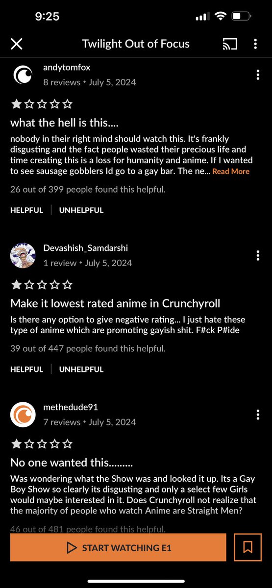 shojospain's tweet photo. La plataforma @crunchyroll_es ha retirado los comentarios tras los ataques homofóbicos hacía el anime 'Twilight Outfocus'. Una verdadera vergüenza lo frágil que es la masculinidad de algunos para lanzar semejantes mensajes de odio. Siega en esto con una serie que no harán... https://t.co/NMr6CBesZh