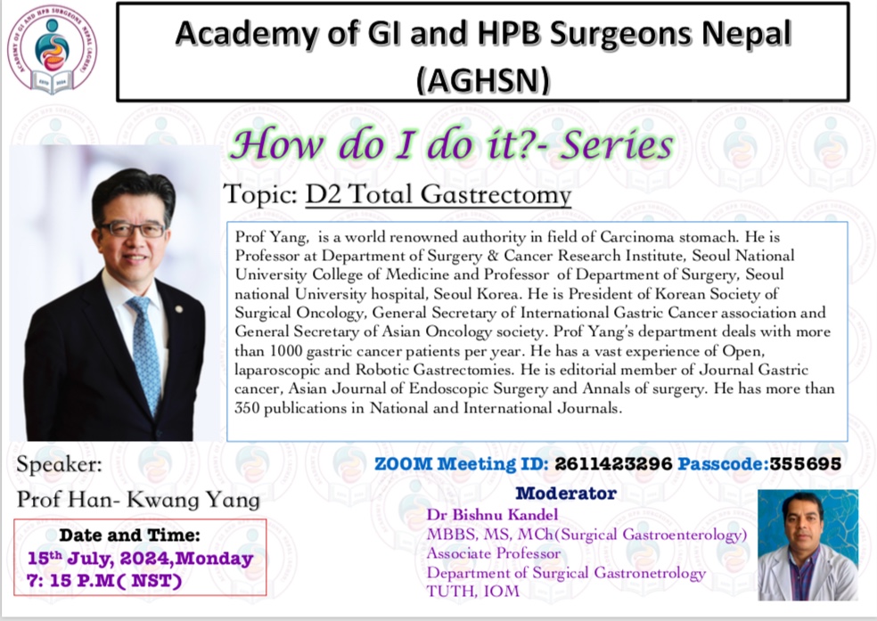 Greetings of the day, for our upcoming academic activity we are elated to share that Prof Han- Kwang Yang from South Korea has accepted our request and he is presenting D2 Total Gastrectomies in our How do I do it ? Series. 
zoom.us/j/2611423296?p…