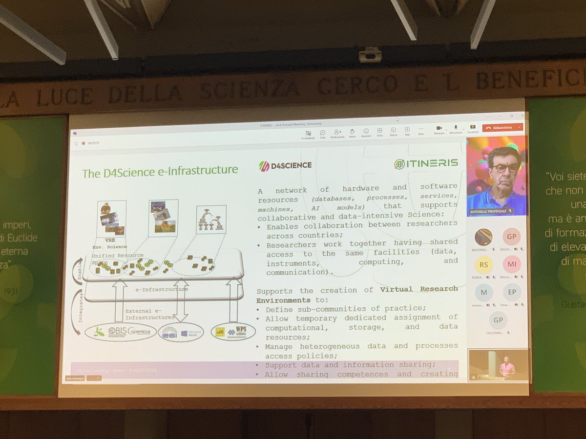 d4science's tweet photo. 🚀 Happening now:  Eugenio Trumpy is presenting WP8 at the @ITINERIS_RI project meeting! We're excited to support the development of #VREs for interdisciplinary environmental studies. A crucial step towards transforming Italy's Research Infrastructures! 🌍✨ #D4Science #Research https://t.co/WS43iwsZFj