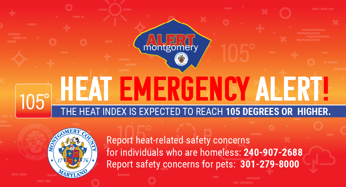 MontgomeryCoMD's tweet photo. 🔥 Heat Emergency Alert! 🔥 Montgomery County has issued a Heat Emergency from 12 p.m., Tues 07/09, to 8 pm, Wed 07/10. Expect heat index values of 105°F. Stay cool, stay hydrated &amp; take breaks in shaded areas. 

More info https://t.co/iCXb3HunOh https://t.co/PGtZr65ZZQ