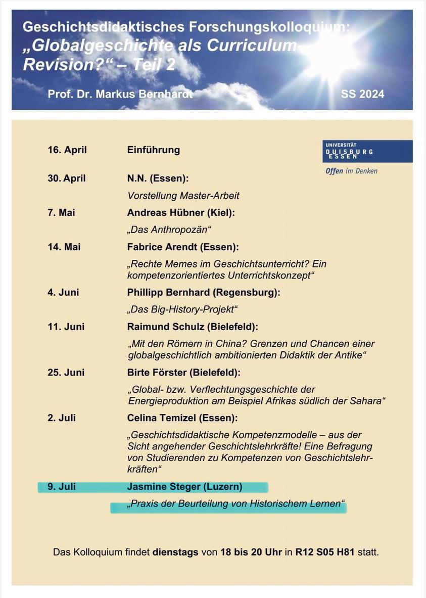 Heute Abend stellt Jasmine Steger aus Luzern im #gdFoKo ihr Promotionsprojekt zur „Praxis der Beurteilung von Historischem Lernen“ vor!