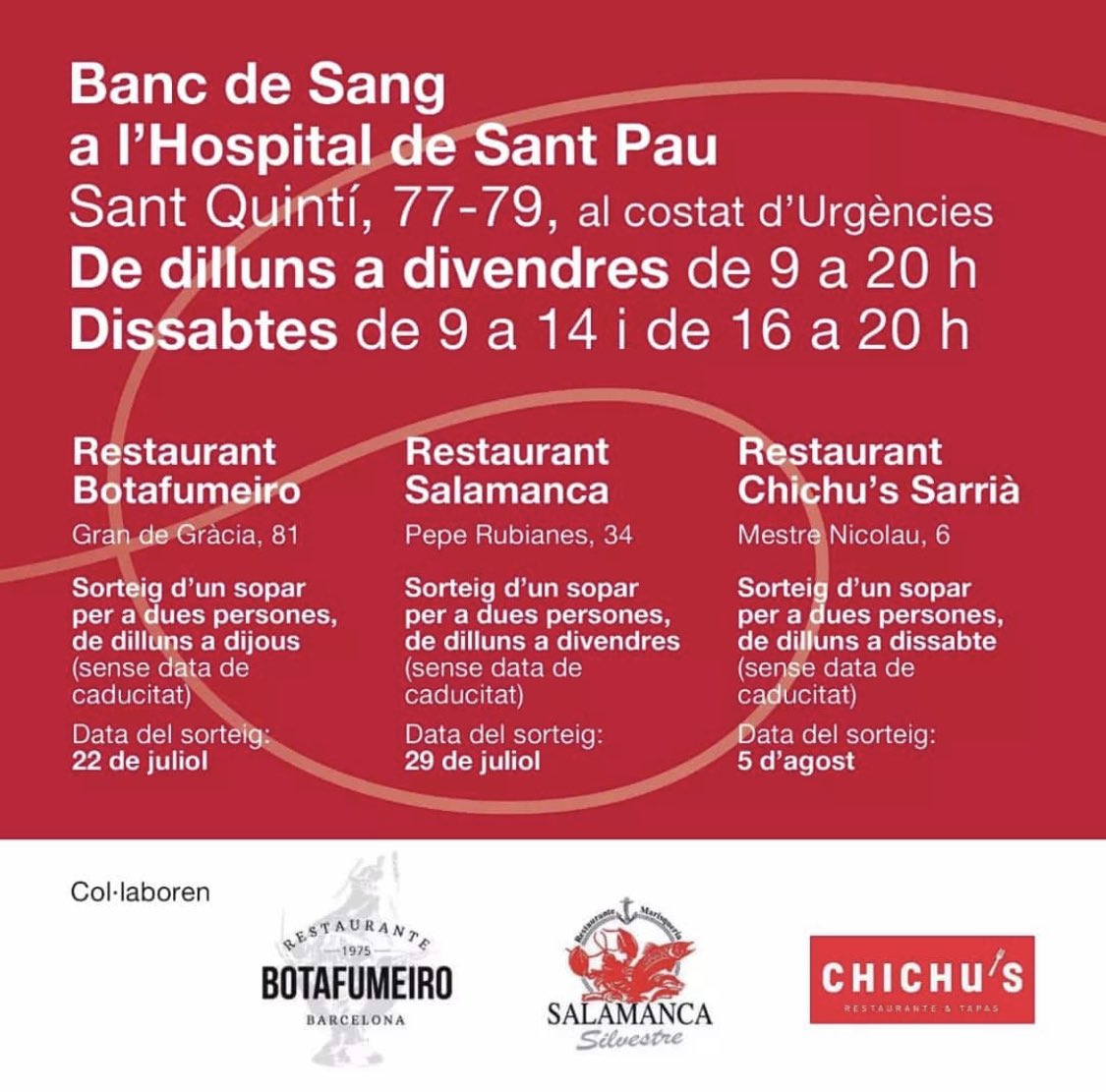 bancsangsantpau's tweet photo. Quina Il·lusió! Arriban els mesos gastronòmics al Banc de Sang de l’Hospital de Sant Pau! 

Aprofita per dir-li al teu germà, a la teva amiga, al compi de feina o a la teva parella i gaudir de l’oportunitat de un sopar d’estiu! 

📆 Des del 15/07/24

📍 Carrer Sant Quintin, 77 https://t.co/sB9pWrm8Oz