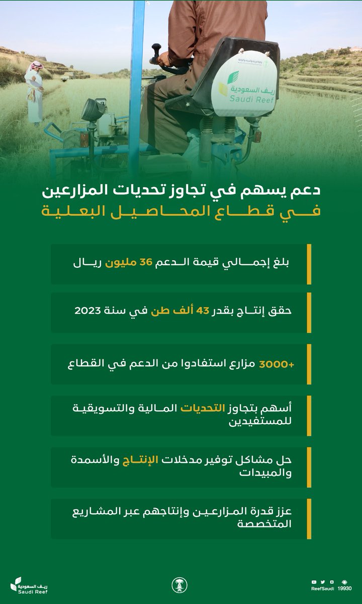 KSA24's tweet image. برنامج التنمية الريفية الزراعية المستدامة #ريف_السعودية يعلن ارتفاع الإنتاج المحلي من المحاصيل البعلية بمقدار 43 ألف طن، ضمن نتائج خطة لدعم أكثر من 3200 مزارع مستفيد بقيمة 36 مليون ريال خلال 2023، لتمكينهم من تجاوز التحديات المالية والتسويقية ومواجهة تحديات الأسمدة والمبيدات.