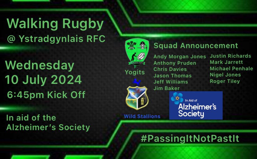 YOGITS TOUCH RUGBY CLUB (@yogitsrfc) on Twitter photo Squad Announcement:
Our Walkers and our friends at the <a href="/ystradbluesrfc/">Ystradgynlais RFC 🏉 🏴</a> Wild Stallions lock horns again, this time in aid of @RogerTileyphoto & his charity walk for the <a href="/alzheimerssoc/">Alzheimer's Society</a>
You can still donate at the link below:
justgiving.com/page/roger-til…
#passingitnotpastit 💚🖤💙 Squad Announcement:
Our Walkers and our friends at the <a href="/ystradbluesrfc/">Ystradgynlais RFC 🏉 🏴</a> Wild Stallions lock horns again, this time in aid of @RogerTileyphoto & his charity walk for the <a href="/alzheimerssoc/">Alzheimer's Society</a>
You can still donate at the link below:
justgiving.com/page/roger-til…
#passingitnotpastit 💚🖤💙