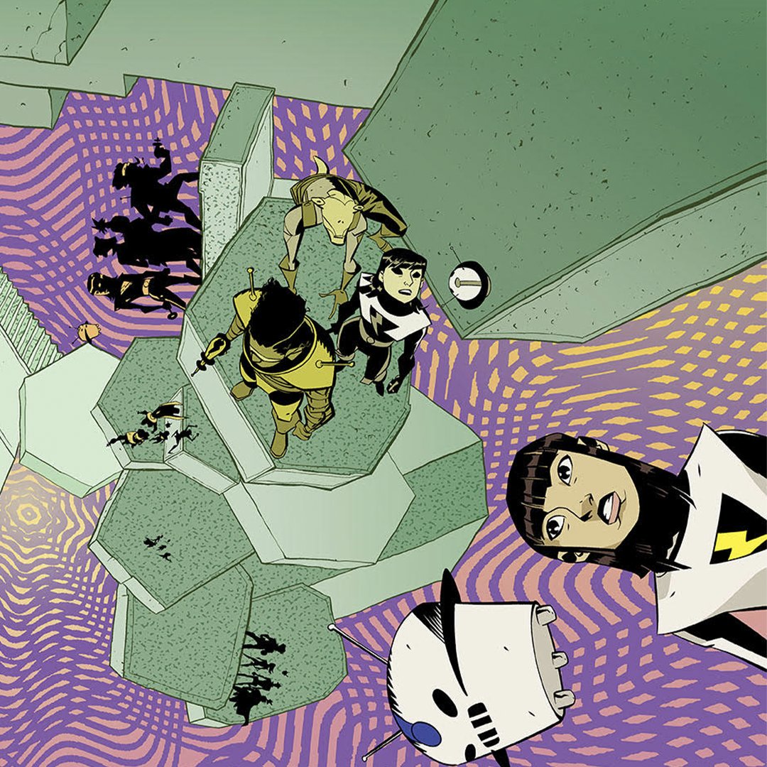 Oeming's tweet photo. Galaxy of Madness is a high-flying retrofuturistic world, baffling technology, and a social order controlled by the Intelligence. The truth cannot be ignored, but must be reckoned with- issue 1 is out now from @MadCaveStudios created by @magsvisaggs myself and @Takisoma https://t.co/X4r32zZFth