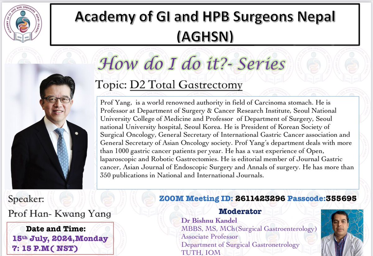 Ramesh Singh Bhandari (@rameshsinghbh12) on Twitter photo Coming Monday!!
Looking forward to this exciting talk organized by by our academy <a href="/aghsnepal/">aghsnepal</a> on D2 total gastrectomy for gastric cancer by renowned speaker from South Korea.<a href="/IHPBA/">IHPBA</a> <a href="/PaleswanL/">Paleswan Joshi Lakhey</a> <a href="/hpbsurgeon1/">Catherine Teh 陳婉然🇵🇭</a> <a href="/AdairAnya/">Anya Adair</a> <a href="/IhpbaIndia/">IHPBA India</a> Coming Monday!!
Looking forward to this exciting talk organized by by our academy <a href="/aghsnepal/">aghsnepal</a> on D2 total gastrectomy for gastric cancer by renowned speaker from South Korea.<a href="/IHPBA/">IHPBA</a> <a href="/PaleswanL/">Paleswan Joshi Lakhey</a> <a href="/hpbsurgeon1/">Catherine Teh 陳婉然🇵🇭</a> <a href="/AdairAnya/">Anya Adair</a> <a href="/IhpbaIndia/">IHPBA India</a>