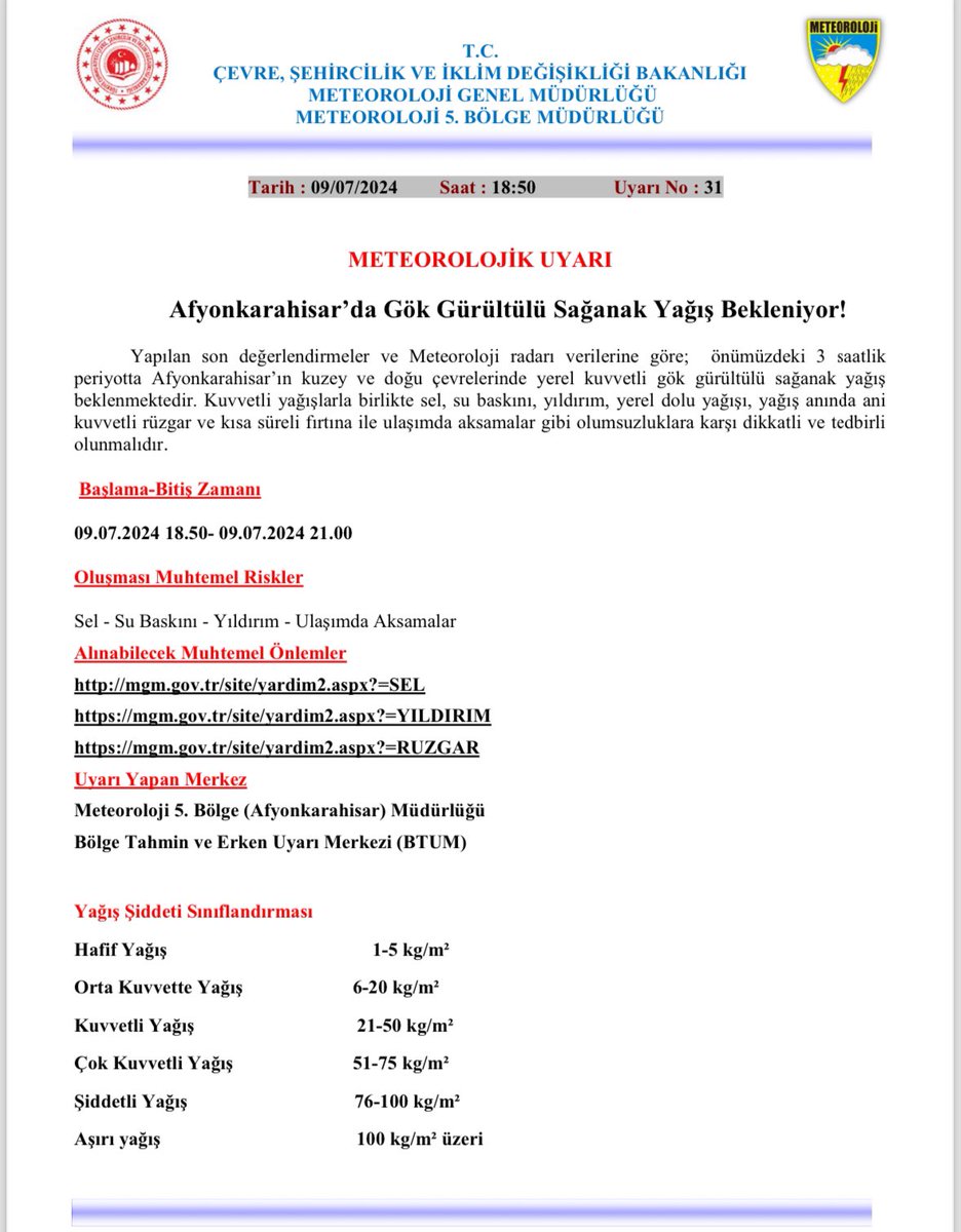 ⛈️⛈️METEOROLOJİK UYARI⛈️⛈️

09.07.2024 Salı günü 18.50 - 21.00 saatleri arasında bölgemiz genelinde gök gürültülü sağanak yağış beklenmektedir. 

⚠️⚠️Olumsuzluklara karşı (Ani Sel-Su Baskını, Yıldırım düşmesi, Ulaşımda Aksamalar vb.) dikkatli ve tedbirli olunması gerekmektedir.