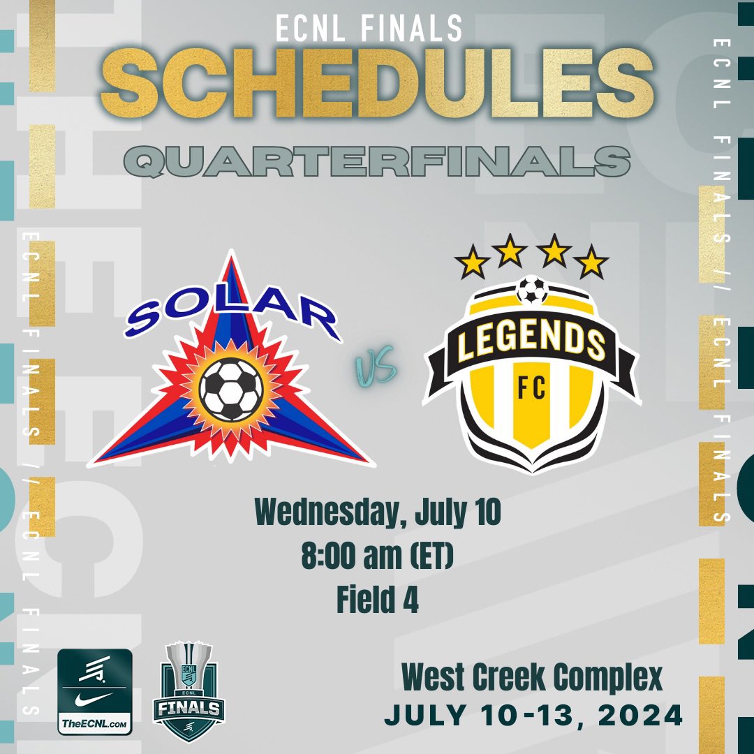 Solar 07/06G ECNL (U19) (@solar07g) on Twitter photo We are pumped to have earned our way here for the 4th year in a row. We are not done. Quarterfinals tomorrow:
🗓️ Wed, July 10
⏰ 8 am (ET)
📍Field 4
🆚 Legends
<a href="/TopDrawerSoccer/">TopDrawerSoccer</a> <a href="/PrepSoccer/">Prep Soccer ⚽️</a> <a href="/ImYouthSoccer/">ECNL/GA/Recruiting/College Soccer</a> <a href="/ImCollegeSoccer/">College Soccer Truth ™</a> We are pumped to have earned our way here for the 4th year in a row. We are not done. Quarterfinals tomorrow:
🗓️ Wed, July 10
⏰ 8 am (ET)
📍Field 4
🆚 Legends
<a href="/TopDrawerSoccer/">TopDrawerSoccer</a> <a href="/PrepSoccer/">Prep Soccer ⚽️</a> <a href="/ImYouthSoccer/">ECNL/GA/Recruiting/College Soccer</a> <a href="/ImCollegeSoccer/">College Soccer Truth ™</a>
