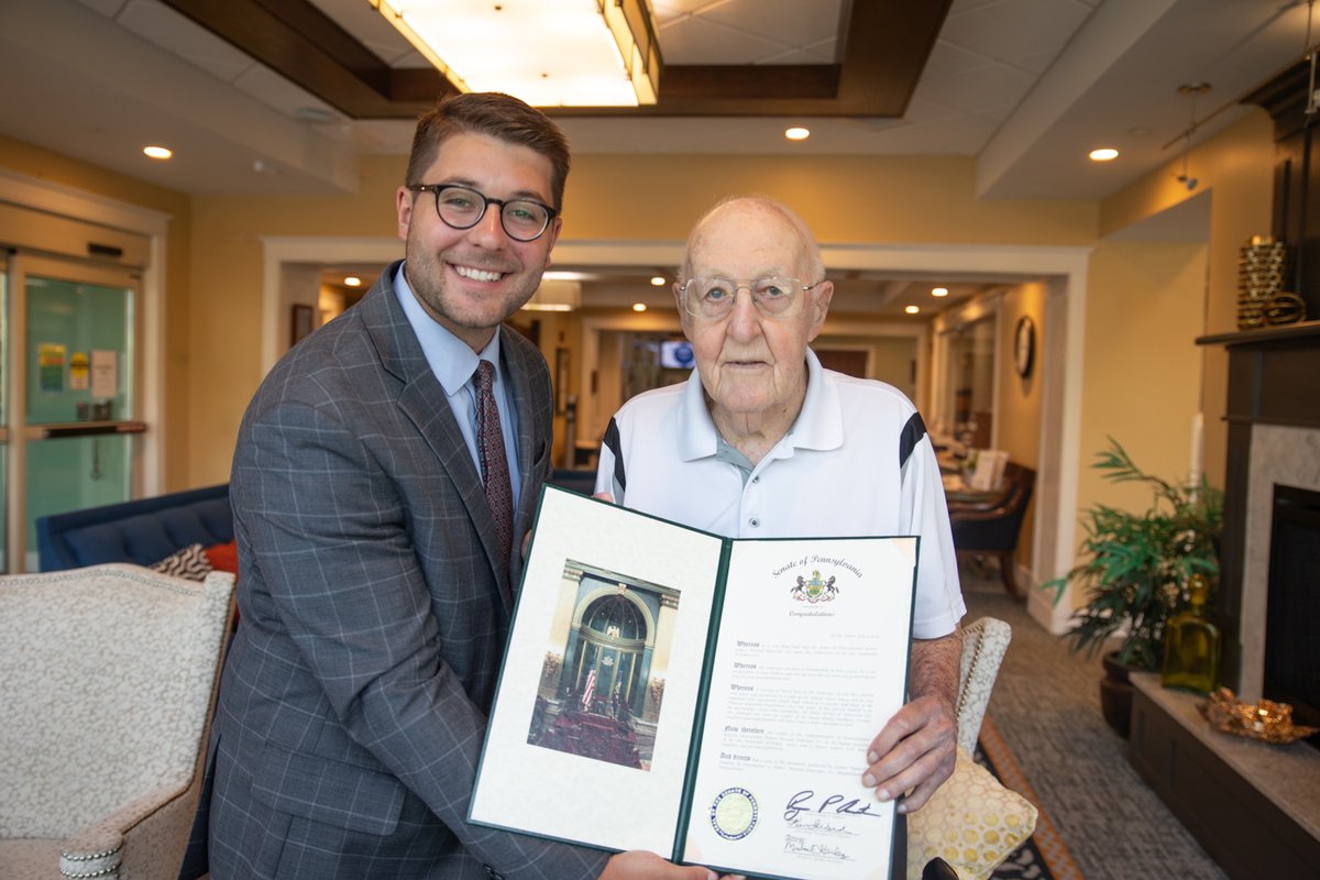 Masonic Village at Elizabethtown resident Robert "Bob" Emberger celebrated his 100th birthday today with visits from family and centennial citations from <a href="/RepTomJones/">Rep. Tom Jones</a>' and <a href="/SenatorAument/">Sen. Ryan P. Aument</a>'s offices. Join us in wishing this former WWII <a href="/USNavy/">U.S. Navy</a> pilot a happy 100th birthday!